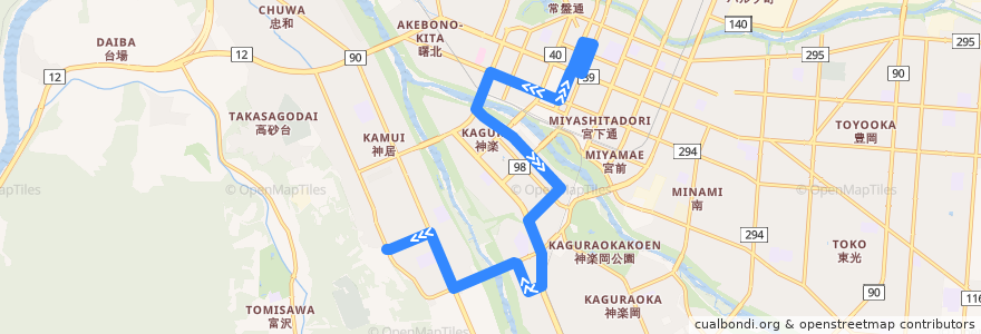 Mapa del recorrido [450]伊の沢線（神楽経由） (Inosawa Line via Kagura) de la línea  en 旭川市.