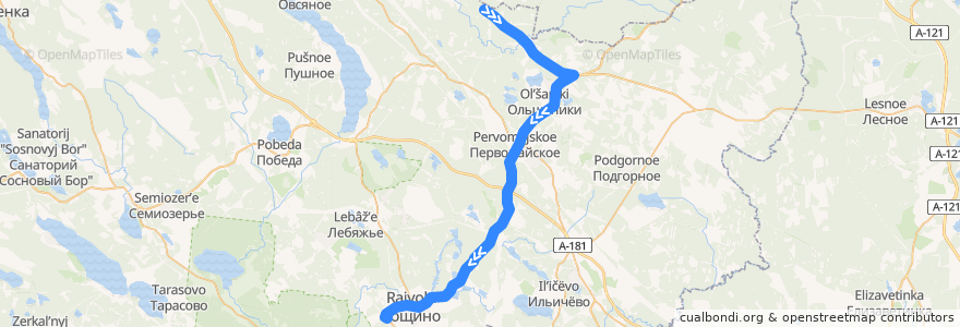 Mapa del recorrido Автобус № 124: Первомайское-1- Рощино de la línea  en Выборгский район.