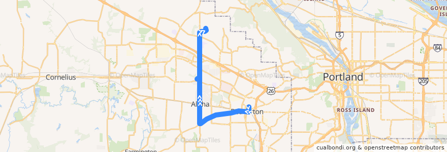 Mapa del recorrido Bus 52: Beaverton Transit Center => Portland Community College Rock Creek de la línea  en Washington County.