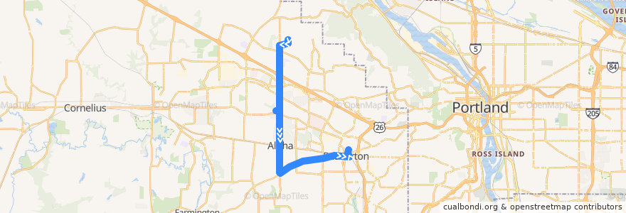 Mapa del recorrido Bus 52: Portland Community College Rock Creek => Beaverton Transit Center de la línea  en Washington County.