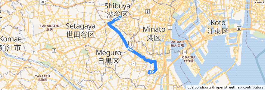 Mapa del recorrido 品川線【東急バス・渋４１系統＜＃Ａ往路＞】渋谷駅⇒大井町駅 de la línea  en Tokio.