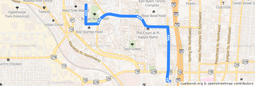 Mapa del recorrido Blue Route: North Avenue Apartments => Fitten Hall de la línea  en Atlanta.