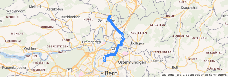 Mapa del recorrido Bus 41: Bern, Breitenrain => Zollikofen, Bahnhof de la línea  en Verwaltungskreis Bern-Mittelland.