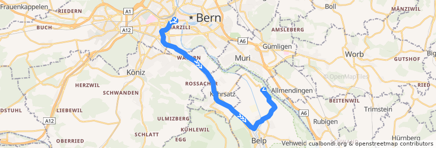 Mapa del recorrido Bus 334: Bern Bahnhof => Bern Flughafen [Direktkurs] de la línea  en Verwaltungskreis Bern-Mittelland.