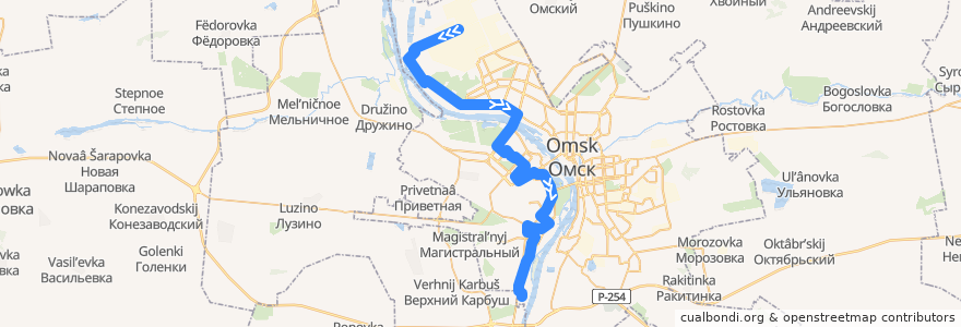 Mapa del recorrido Автобус №14 : Николаевка - Посёлок Мелиораторов de la línea  en городской округ Омск.