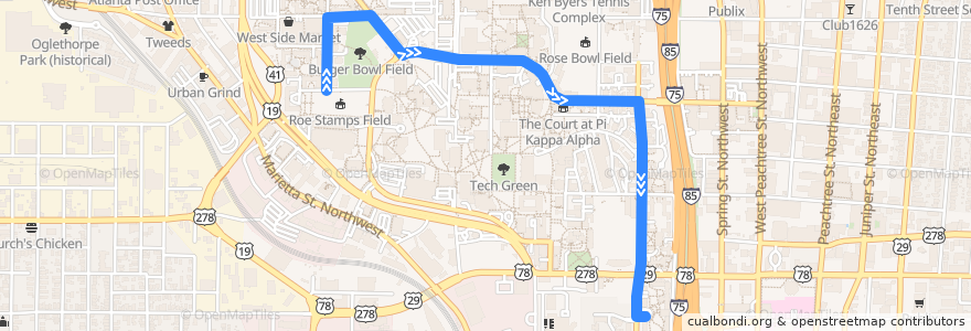 Mapa del recorrido Red Route: Fitten Hall => North Avenue Apartments de la línea  en Atlanta.