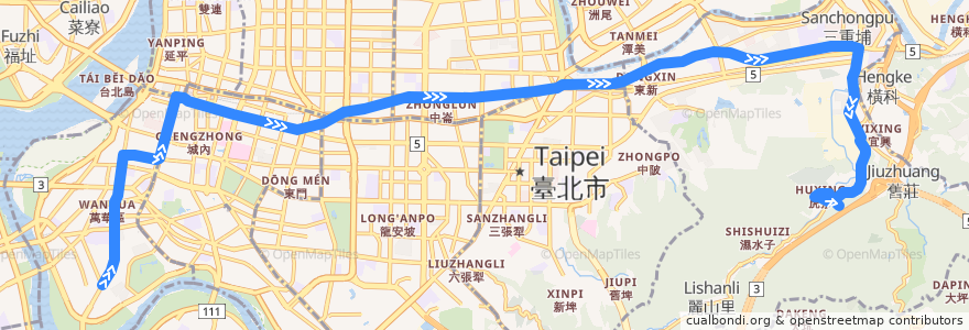 Mapa del recorrido 臺北市 205 中華科大-東園 (返程) de la línea  en Taipeh.