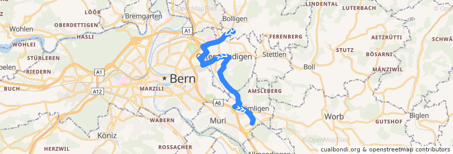 Mapa del recorrido Bus 44: Bolligen, Bahnhof => Gümligen, Sonnenfeld de la línea  en Bern-Mittelland administrative district.