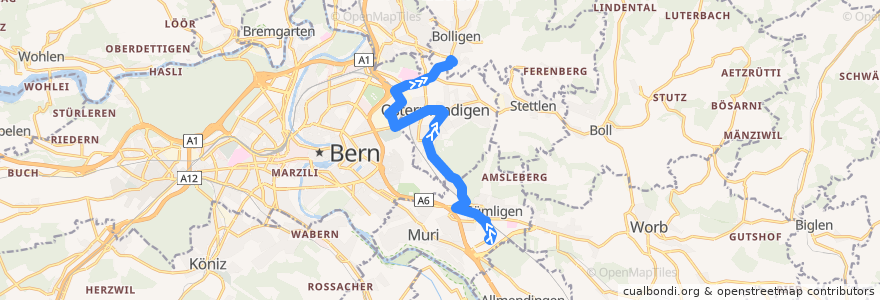 Mapa del recorrido Bus 44: Gümligen, Sonnenfeld => Bolligen, Bahnhof de la línea  en Verwaltungskreis Bern-Mittelland.