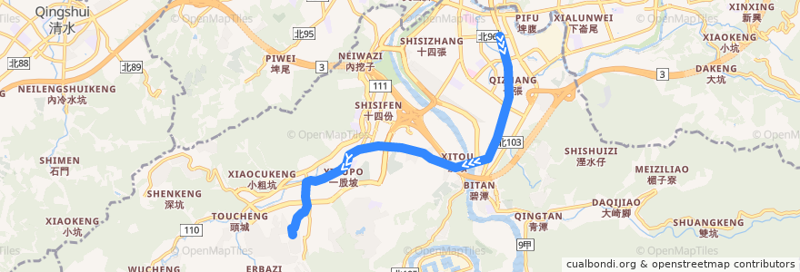 Mapa del recorrido 新北市 綠7 黎明清境-捷運大坪林站 (返程) de la línea  en Xindian District.