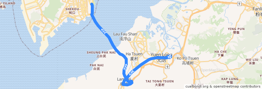 Mapa del recorrido 嶼巴B2線 New Lantao Bus B2 (元朗站 Yuen Long Station → 深圳灣口岸 Shenzhen Bay Port) de la línea  en 香港 Hong Kong.