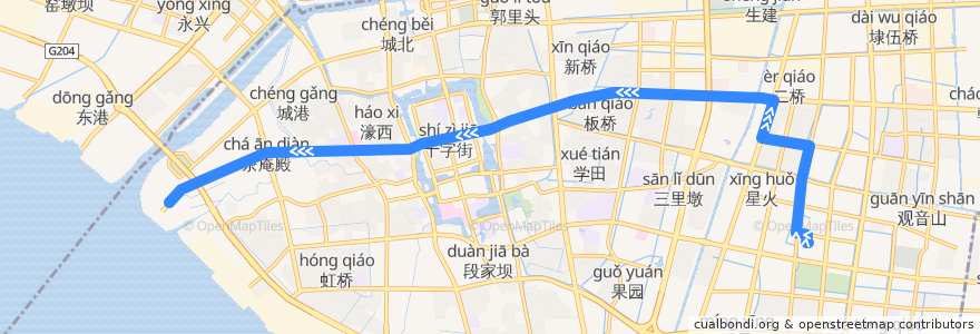 Mapa del recorrido 7路: 东站公交回车场 => 南通港 de la línea  en Nantong.