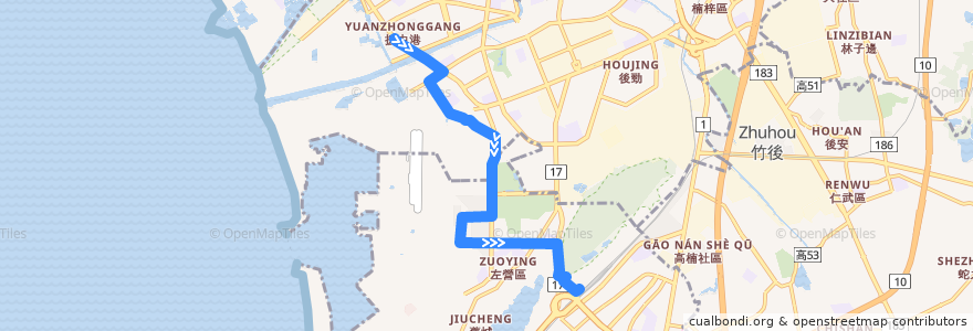 Mapa del recorrido 紅53(正線_返程) de la línea  en 高雄市.