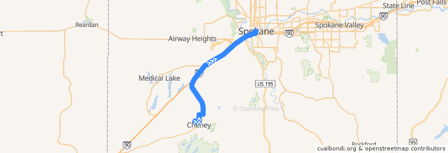 Mapa del recorrido STA 66 EWU (to Spokane) de la línea  en Spokane County.