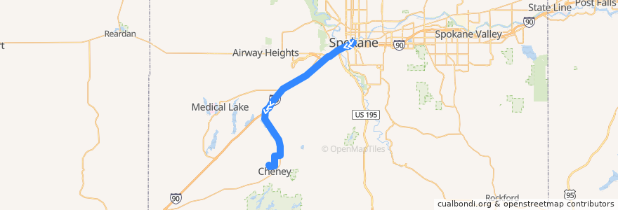 Mapa del recorrido STA 66 EWU (from Spokane) de la línea  en Spokane County.