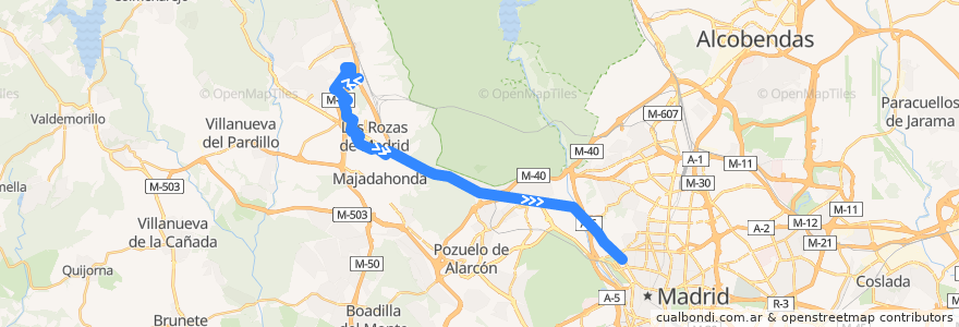 Mapa del recorrido Bus 629: Las Rozas (Parque Empresarial)→ Madrid (Moncloa) de la línea  en منطقة مدريد.