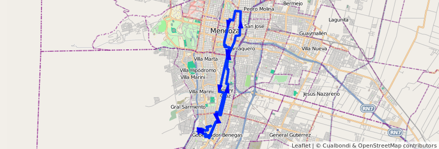 Mapa del recorrido 42 - Bº Fuchs por Plaza De Godoy Cruz de la línea G04 en Mendoza.