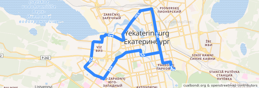 Mapa del recorrido Трамвай 3. ЦПКиО - ВИЗ - ЦПКиО de la línea  en Yekaterinburg Municipality.