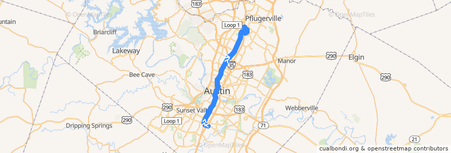 Mapa del recorrido Capital Metro 1 North Lamar/South Congress (northbound) de la línea  en Austin.