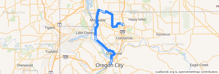 Mapa del recorrido Bus 34: Oregon City Transit Center => Clackamas Town Center de la línea  en Clackamas County.
