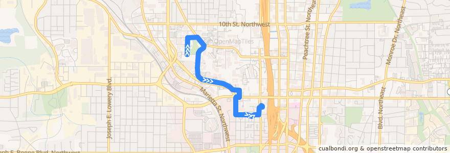 Mapa del recorrido Blue Route: Fitten Hall => North Avenue Apartments de la línea  en Atlanta.