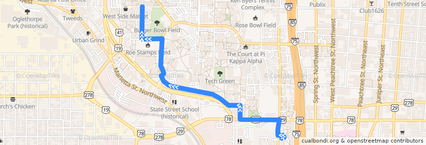 Mapa del recorrido Red Route: North Avenue Apartments => Fitten Hall de la línea  en Atlanta.