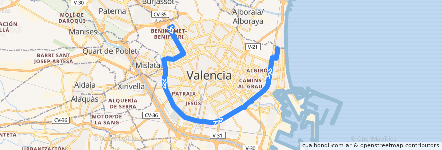 Mapa del recorrido Bus 99: Palau de Congressos => La Malva-Rosa de la línea  en Comarca de Valencia.