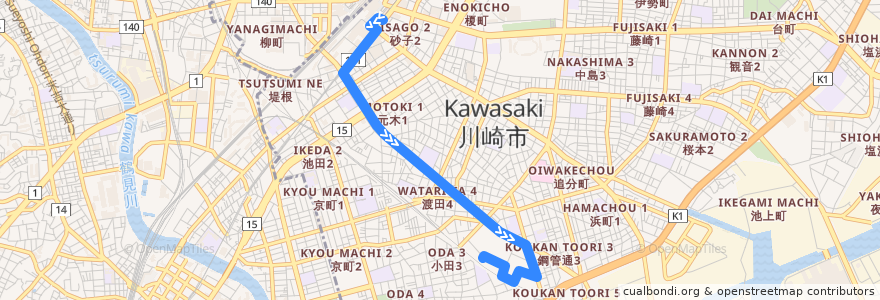 Mapa del recorrido 渡田線　川崎駅 => カワサキアイランドスイート de la línea  en Kawasaki Ward.