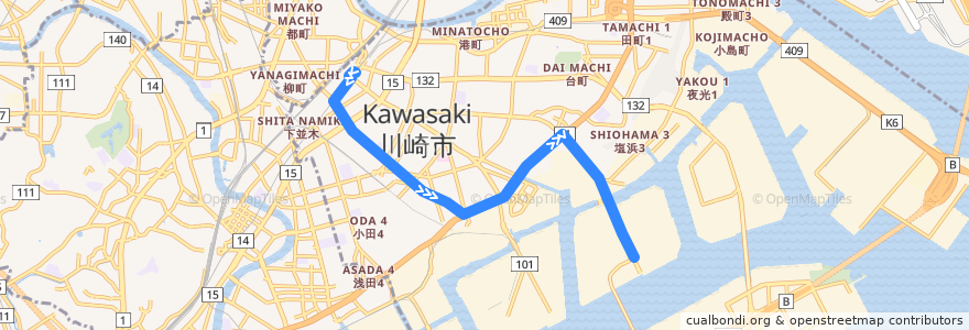 Mapa del recorrido 渡田線　川崎駅 => 水江町 de la línea  en Kawasaki Ward.