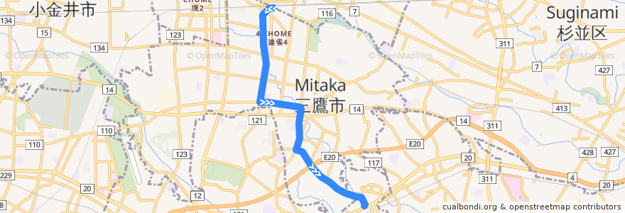 Mapa del recorrido Bus 鷹54 三鷹駅->仙川 de la línea  en Tokio.