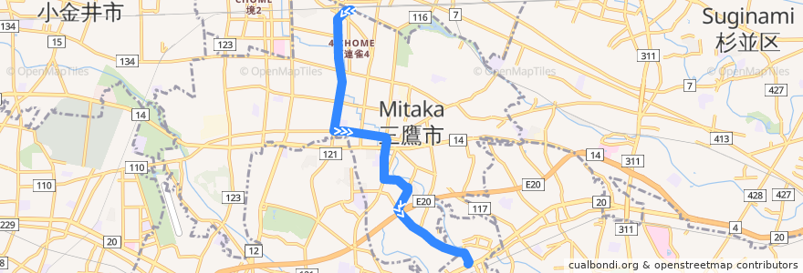 Mapa del recorrido Bus 鷹54 三鷹駅->仙川 via 杏林大学病院,新川団地中央 de la línea  en Tokyo.