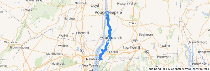 Mapa del recorrido B: Poughkeepie => Beacon de la línea  en Dutchess County.
