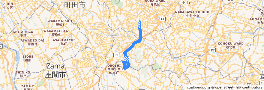 Mapa del recorrido 65系統(青葉台駅→保育園前→若葉台中央) de la línea  en 横浜市.