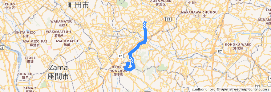 Mapa del recorrido 65系統(青葉台駅→地区公園→若葉台中央) de la línea  en يوكوهاما.