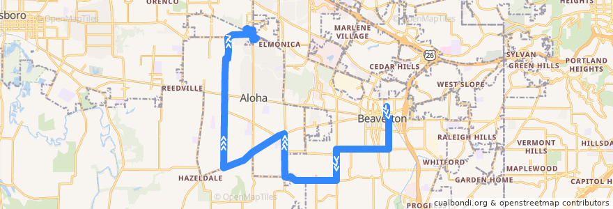 Mapa del recorrido Bus 88: Beaverton Transit Center => Willow Creek Transit Center de la línea  en Washington County.