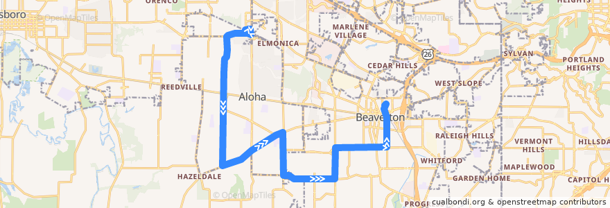 Mapa del recorrido Bus 88: Willow Creek Transit Center => Beaverton Transit Center de la línea  en Washington County.