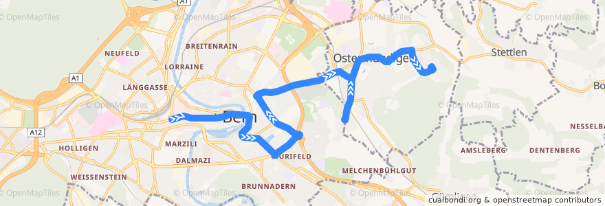 Mapa del recorrido Bus Linie M3: Bern => Ostring => Ostermundigen de la línea  en Verwaltungskreis Bern-Mittelland.