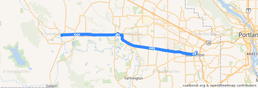 Mapa del recorrido Bus 57: Beaverton Transit Center => Forest Grove de la línea  en Washington County.