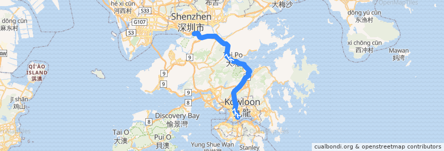 Mapa del recorrido 東鐵綫 East Rail Line (紅磡 Hung Hom → 落馬洲 Lok Ma Chau) de la línea  en هونغ كونغ.