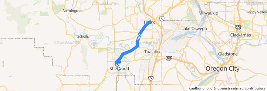Mapa del recorrido Bus 93: Sherwood => Tigard Transit Center de la línea  en Washington County.