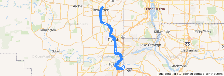 Mapa del recorrido Bus 76: Tualatin => Beaverton Transit Center de la línea  en Washington County.