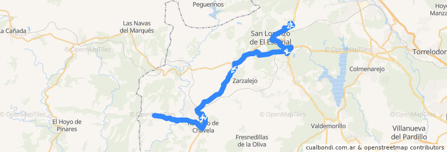 Mapa del recorrido Bus 640: San Lorenzo de El Escorial → Robledo Chavela → Valdemaqueda de la línea  en Comunidad de Madrid.