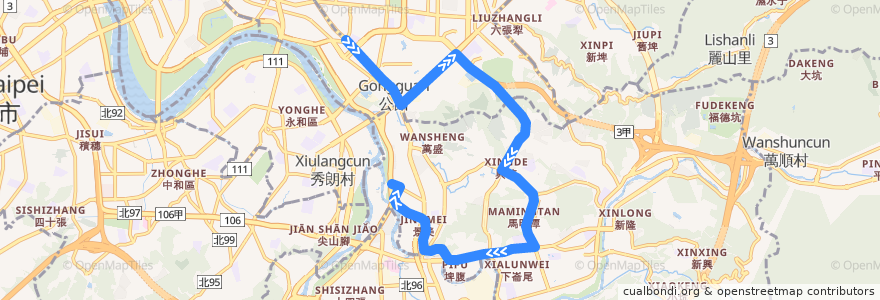 Mapa del recorrido 臺北市 棕12 景美-客家文化主題公園 (返程) de la línea  en 台北市.