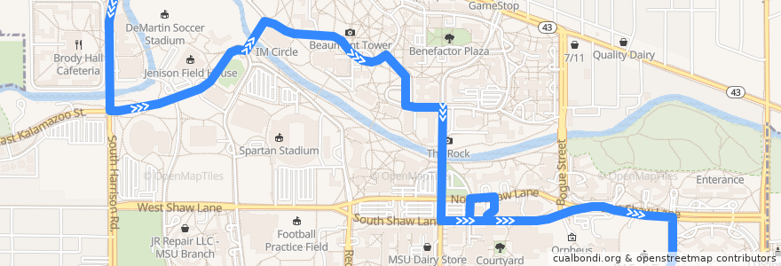 Mapa del recorrido Bus 31 - Brody & East Neighborhoods - Eastbound de la línea  en East Lansing.