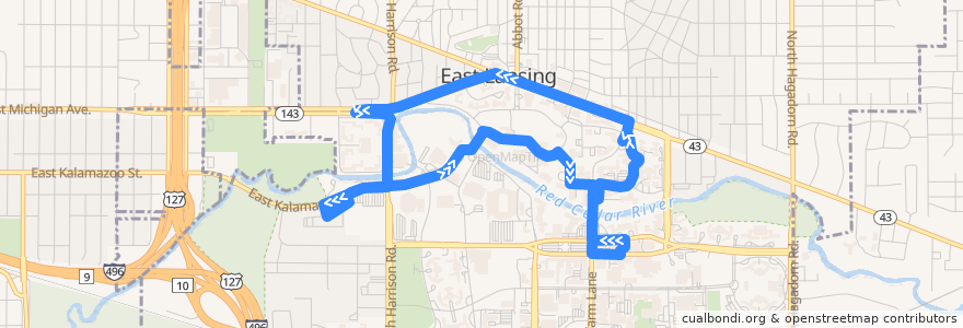 Mapa del recorrido Bus 34 - Brody Neighborhood - University Village de la línea  en East Lansing.