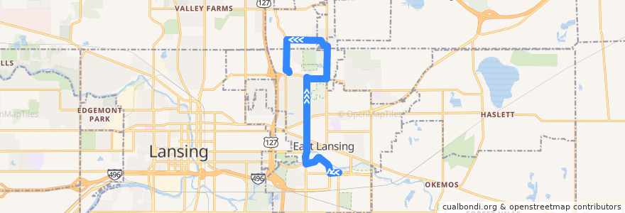 Mapa del recorrido Bus 25 - North Harrison - Northbound de la línea  en East Lansing.
