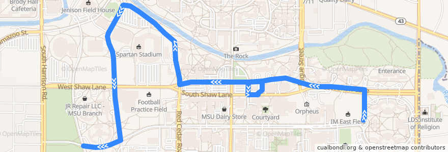 Mapa del recorrido Bus 30 - South & East Neighborhoods - Eastbound de la línea  en East Lansing.