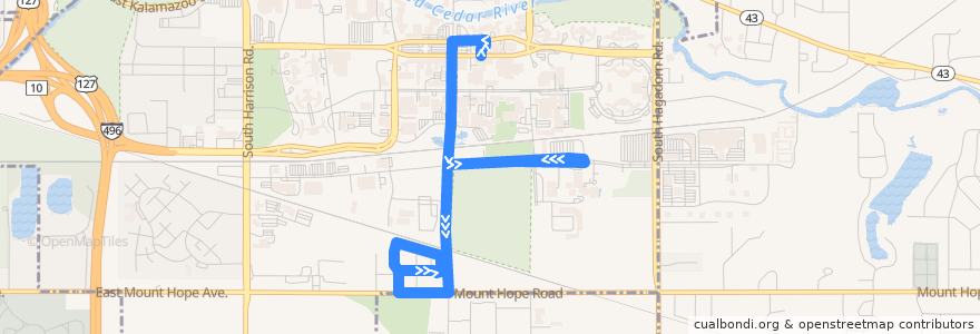 Mapa del recorrido Bus 32 - Commuter Lot - Southbound de la línea  en East Lansing.