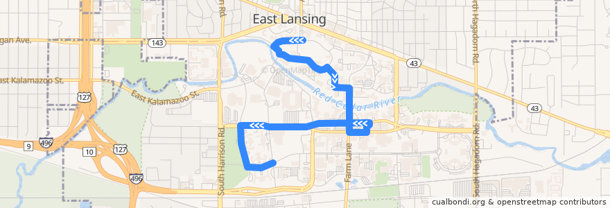 Mapa del recorrido Bus 33 - Campus Cruiser: South & West Circle - Southbound de la línea  en East Lansing.