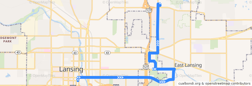 Mapa del recorrido Bus 15 - Kalamazoo - Frandor - Eastbound de la línea  en Ingham County.